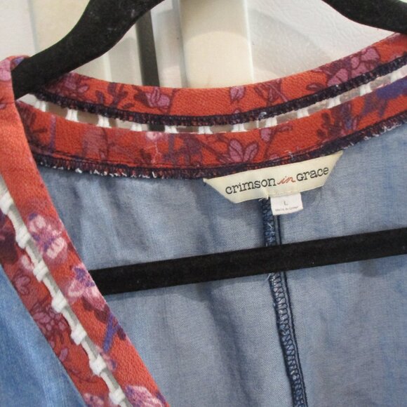 CRIMSON IN GRACE Boho Tunic Dress Womens L Blue Denim Tab Sleeve V Neck - Picture 3 of 4